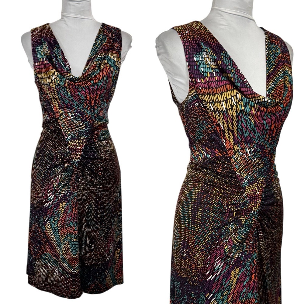 Trina Turk Boho Jersey Knit Silk Dress Size 4 Black Rainbow Retro Print Ruched